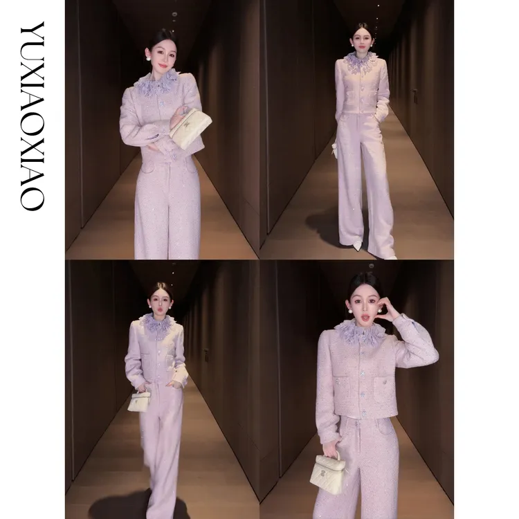 余潇潇【香榭格蕾】绵羊毛棉混纺小香风拼接花边90绒羽绒服&休闲裤