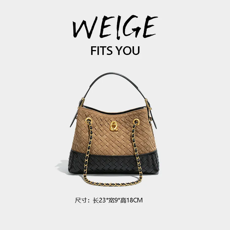 【魏哥甄选】复古高级感编织包撞色磨砂料百搭斜跨包Y2821-卡其