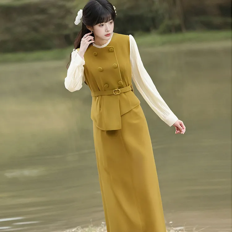2025秋季气质通勤假两件长袖拼接系带修身包臀洋气女装连衣裙2116