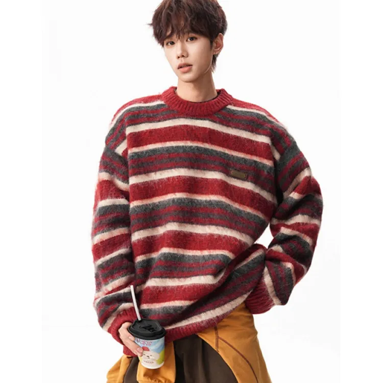 「新年特辑」撞色毛衣男女冬季潮慵懒感新年红内搭宽松情侣针织衫