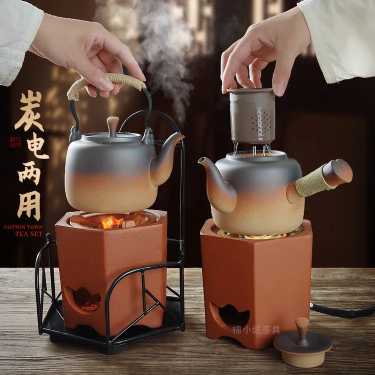 棉小城红泥煮茶炉碳电两用工夫炭炉围炉明火提梁烧水壶防烫凉炉架