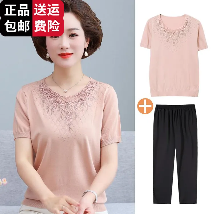 恒源祥彩羊妈妈夏装桑蚕丝短袖T恤中年女半袖上衣小衫50-60岁中老