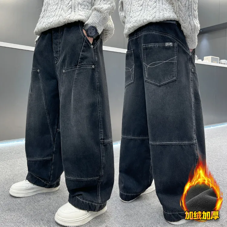 男童牛仔裤秋冬款儿童加绒加厚冬季裤子中大童一体绒冬装长裤洋气
