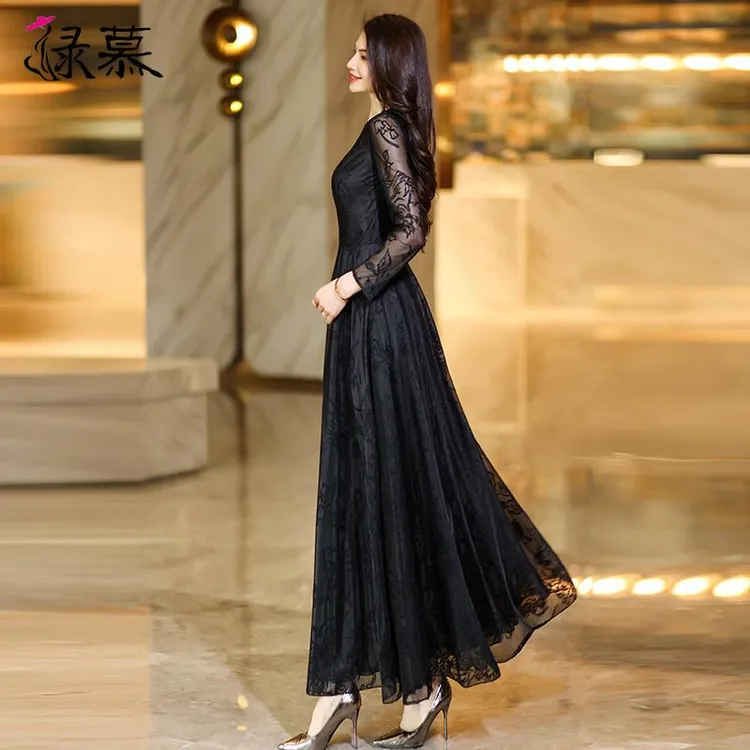 高级感黑色连衣裙长袖2025春夏新款复古气质显瘦到脚踝过膝长裙