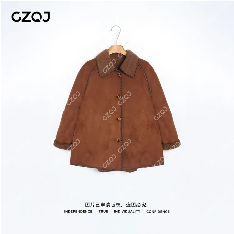老琴私服【旧时光絮】100绵羊毛拼接麂皮绒翻领外套女冬季新款 2004