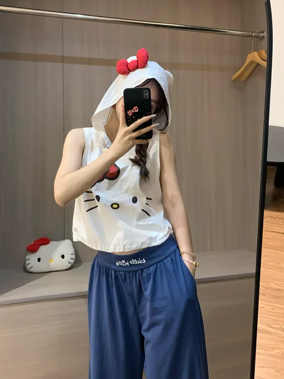 韩系凯蒂无袖睡衣女夏季慵懒感大码显瘦家居服套装可外穿女ins