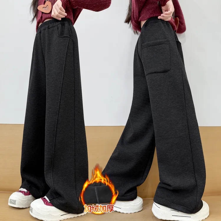 女童加绒毛呢休闲裤冬装2025新款中大童女孩一体绒加厚卫裤弯刀裤