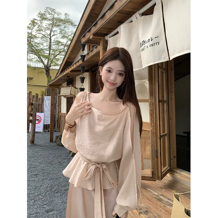 【韩系千金】早秋设计感长袖系带上衣女+缎面长款半身裙套装22551＃