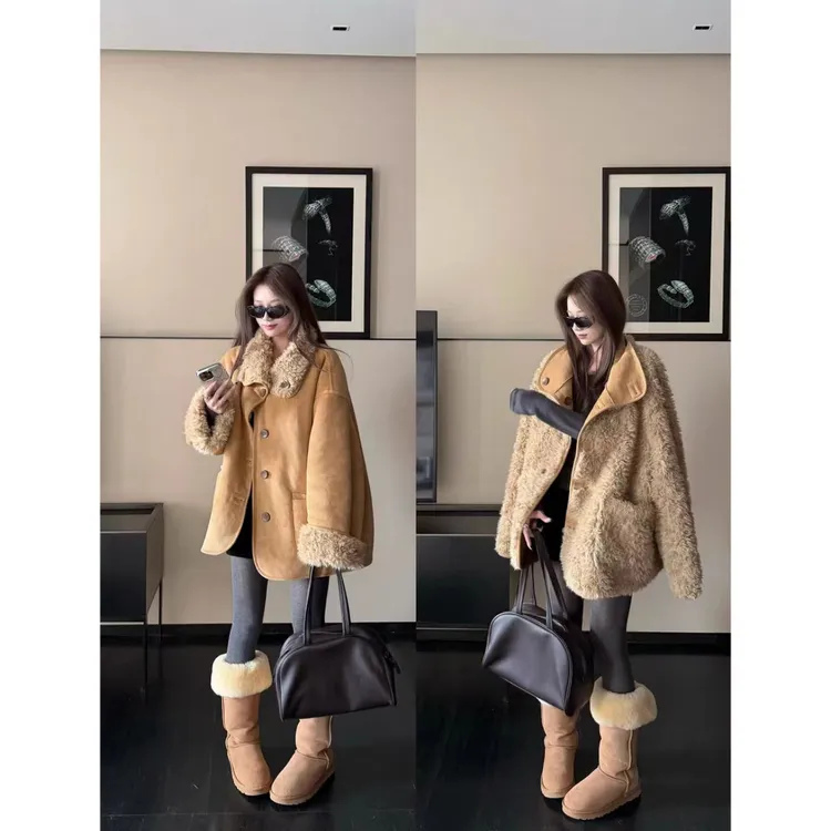 曼曼【游牧日记】正反两穿加厚皮毛一体保暖外套女25387#