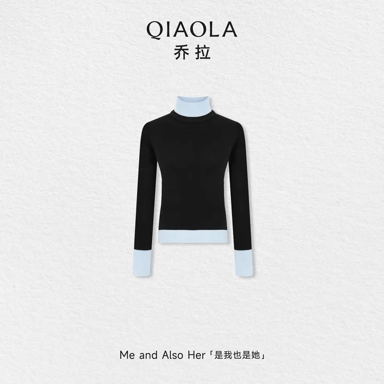 QIAOLA/乔拉【百搭伴侣】秋冬季撞色堆堆高领假两件羊毛长袖打底衫