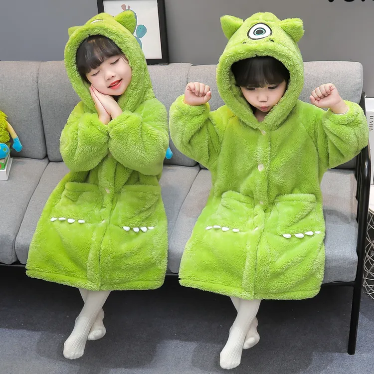 儿童秋冬季睡袍加厚女童宝宝洗澡浴袍珊瑚绒女孩卡通连帽外穿浴袍
