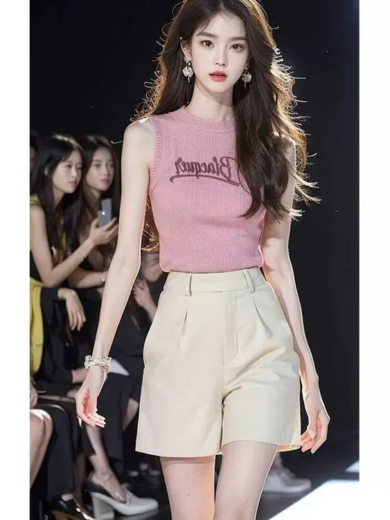 2025新款冷淡系高级感小香风气质减龄粉色背心上衣短裤套装女夏