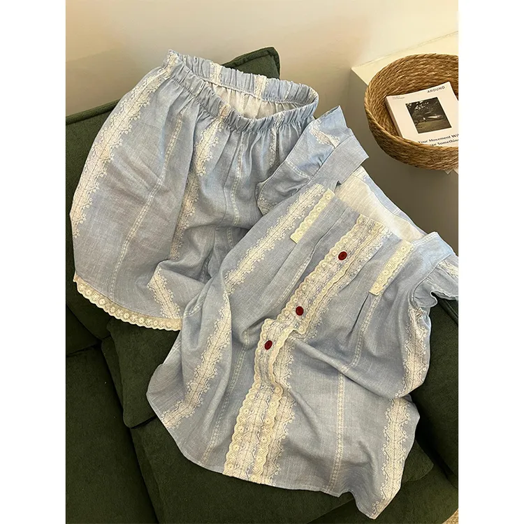 日系甜美拼接蕾丝边睡衣女夏季2025年新款背心短裤外穿家居服套装