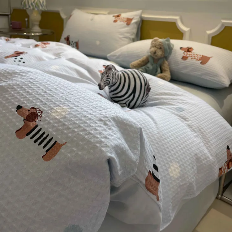卡通风瑞乐兰加厚磨毛华夫格床上四件套纯棉100%全棉被套床单床笠