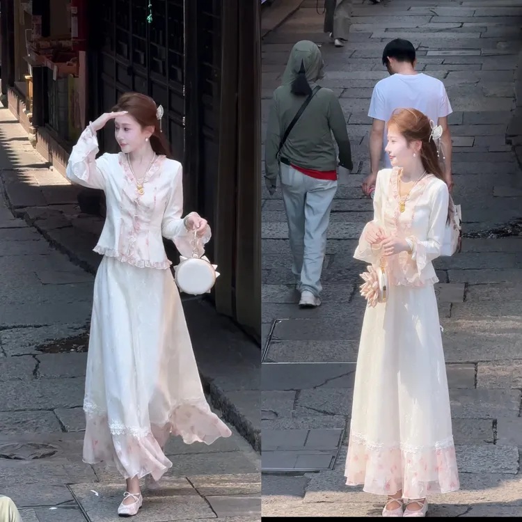 【婷婷】《秋风起》真丝拼接蕾丝 木耳边千金套装 TT2SQTY2063