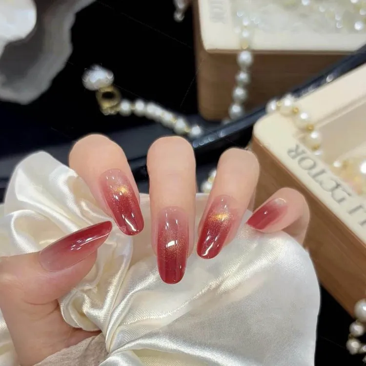 【酒渍红茶】酒红猫眼中长款短款显白冰透温柔纯手工红色美甲穿戴甲