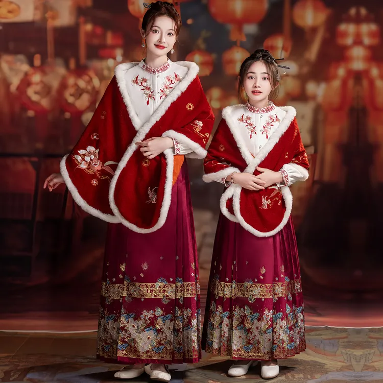 母女亲子装冬季季马面裙中国风加厚保暖女童中式拜年服披肩母女款