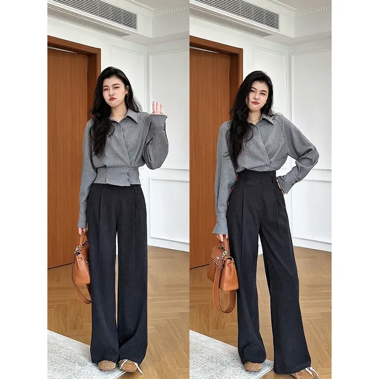 张阿星【黎时雾色】法式通勤高级灰翻领收腰衬衫+毛呢高腰直筒裤 