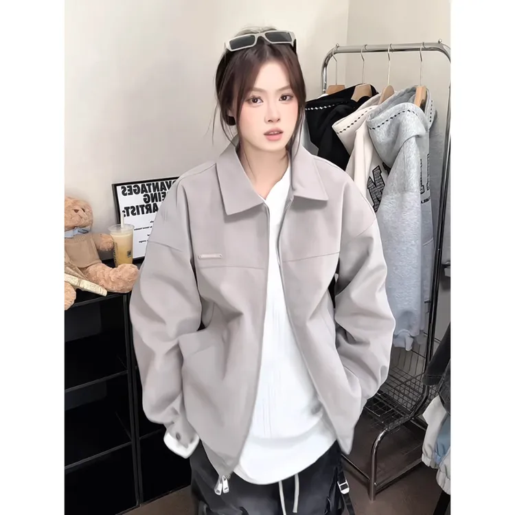 cleanfit灰色皮衣外套男款秋季美式宽松飞行员夹克翻领情侣棒球服