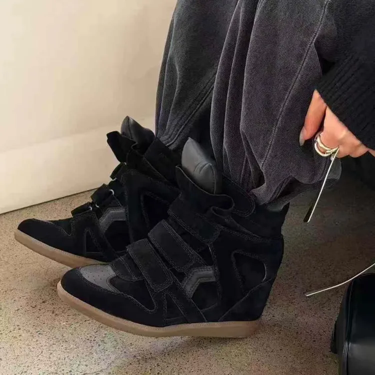 真皮欧美风魔术贴隐形内增高女鞋短靴坡跟拼色运动休闲鞋子高帮鞋