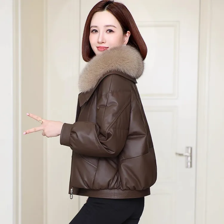 海宁皮衣真皮羽绒服女2025冬季新款休闲头层绵羊皮夹克外套短款潮