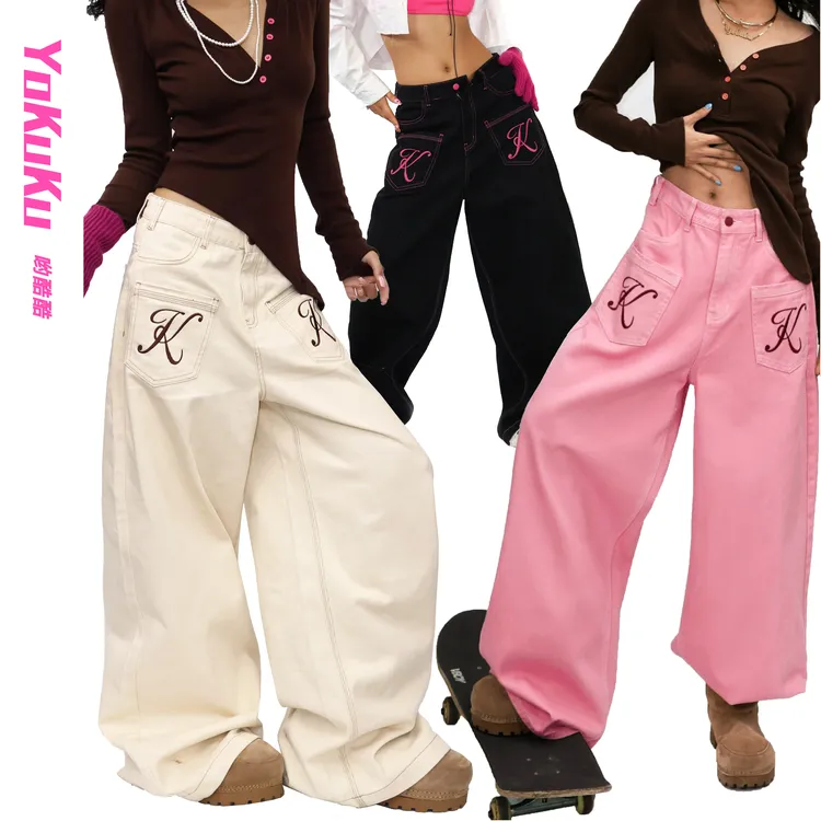 哟酷酷（酷Girl情报局）美式街廓形刺绣水洗染色工艺阔腿拖地牛仔裤