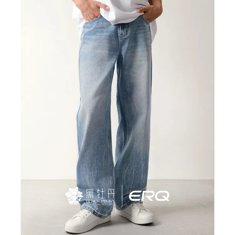 ERQ[2021M网红款]905男士宽松直筒阔腿国潮牛仔裤闪电纹休闲复古