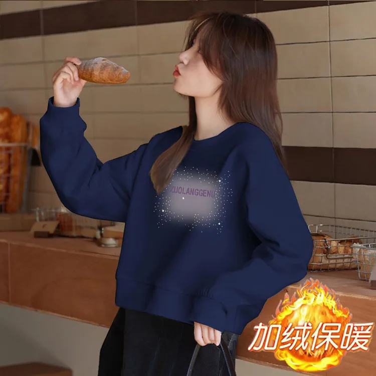 华棉印花小众加绒/不加绒休闲圆领外套女短款卫衣小个子宽松显瘦