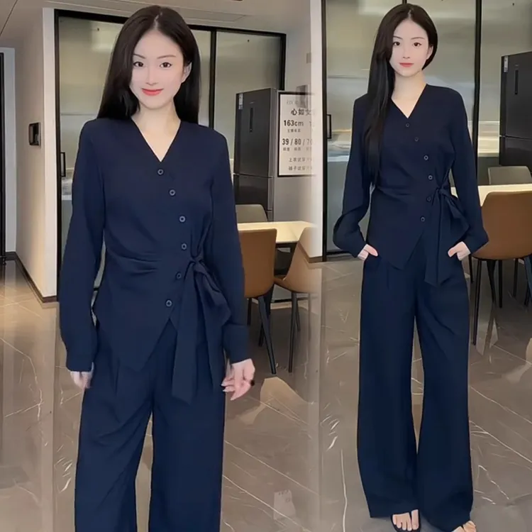 时尚套装女2025秋季新款洋气显瘦不规则长袖上衣阔腿裤休闲两件套