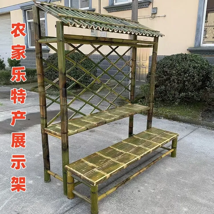 饭店明档农家乐挂腊肉竹货架带屋顶复古土特产展示架装饰毛竹架子