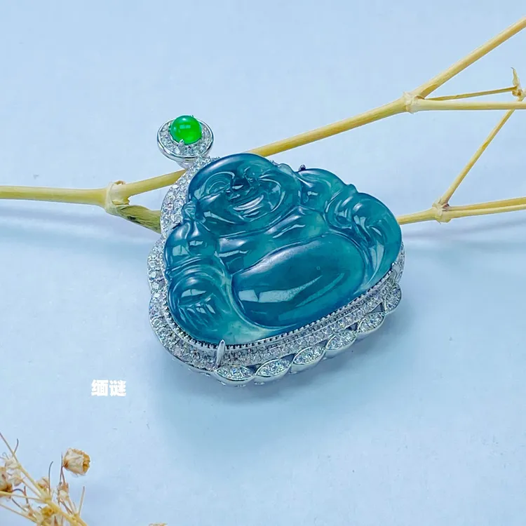 「缅谜珠宝」A货翡翠佛公挂坠天空蓝湖水绿玉石佛公笑佛送女友礼物
