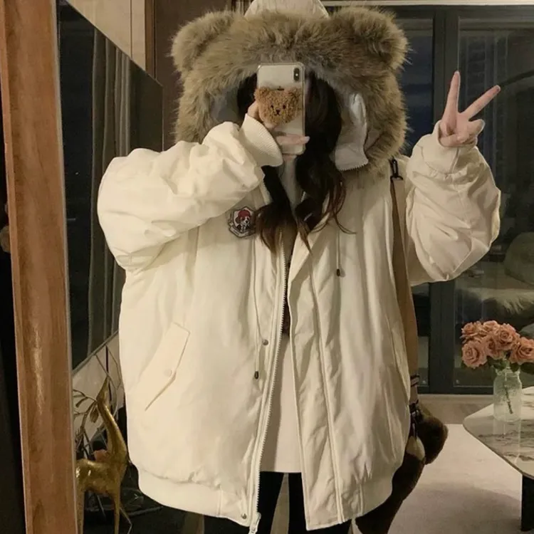 大码连帽立体小熊加绒宽松棉服