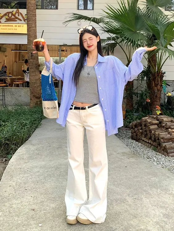 白色微喇牛仔裤女秋季美式低腰辣妹阔腿显瘦宽松不贴腿拖地喇叭裤