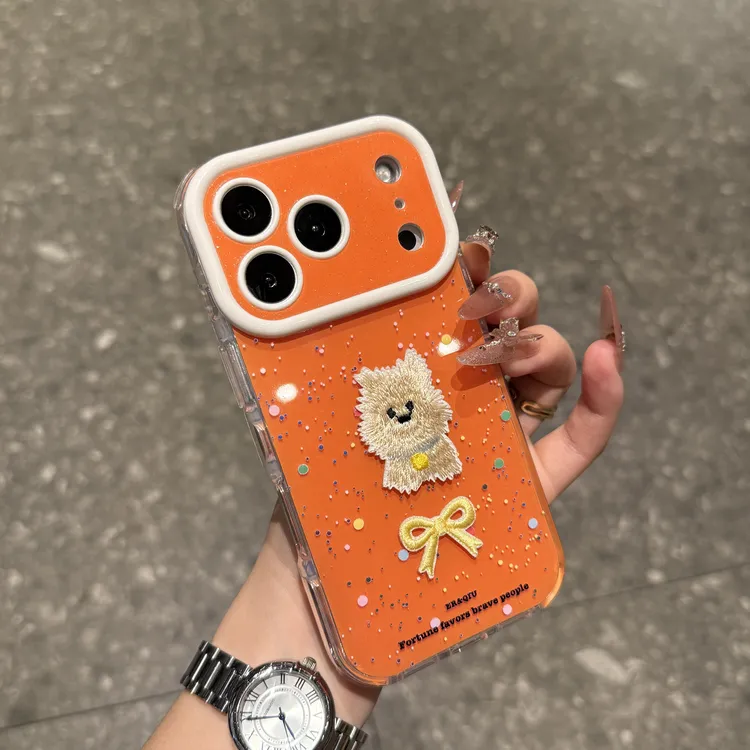 ins彩色波点蝴蝶结刺绣小狗适用苹果17手机壳卡通iPhone16可爱15