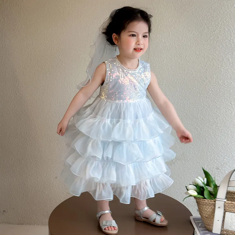 女小童无袖公主裙夏季女宝宝亮片蛋糕裙生日礼服女孩珍珠领连衣裙