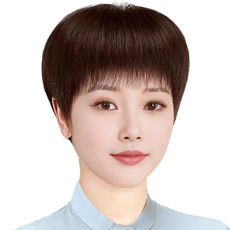 中老年假发女短发短直发真人发丝全头套自然轻薄透气夏季全头套
