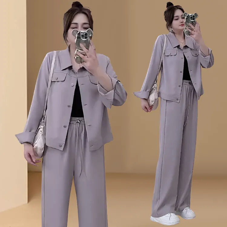 时尚套装女2025春秋新款小个子洋气减龄翻领外套显瘦阔腿裤两件套