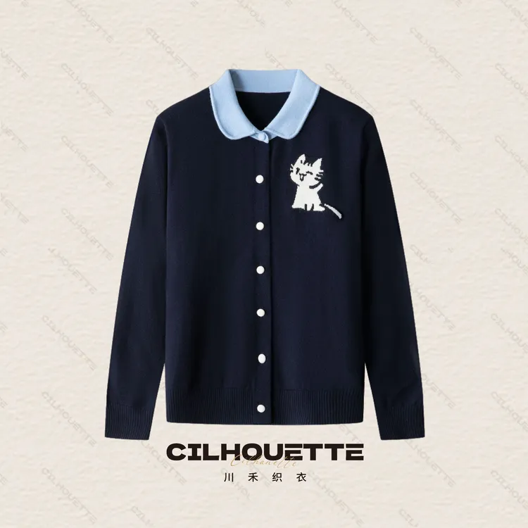 川禾织衣 秋冬可爱猫咪提花翻领羊毛开衫时尚洋气显瘦长袖针织衫