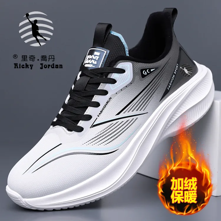 Ricky Jordan/里奇乔丹秋冬男士加绒运动鞋防滑休闲皮面跑步鞋男商品图