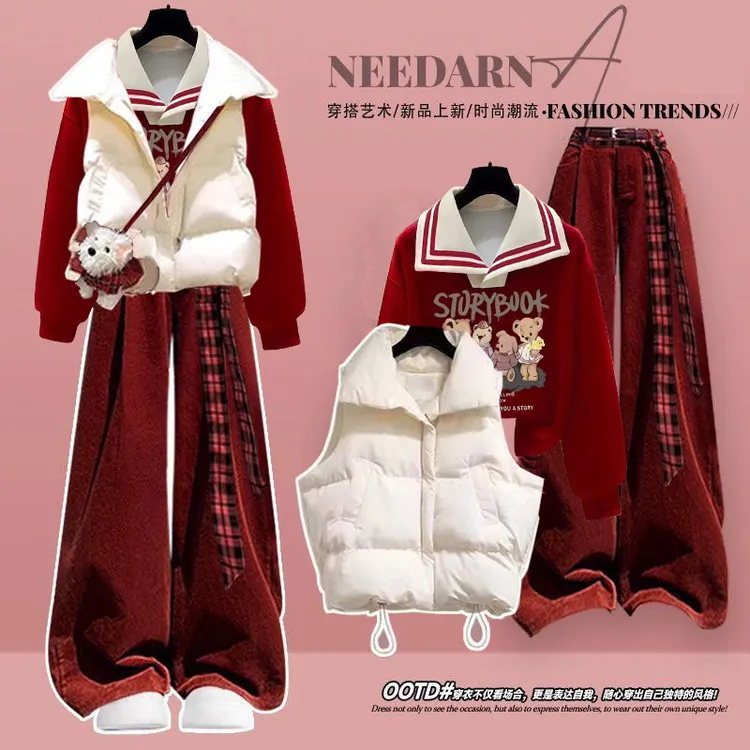 秋冬套装女红色圣诞氛围感毛衣保暖马甲外套显瘦阔腿裤三件套