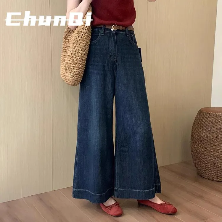 淳启复古深蓝色微喇牛仔裤女夏季高腰遮胯阔腿宽松大裤脚直筒裤子