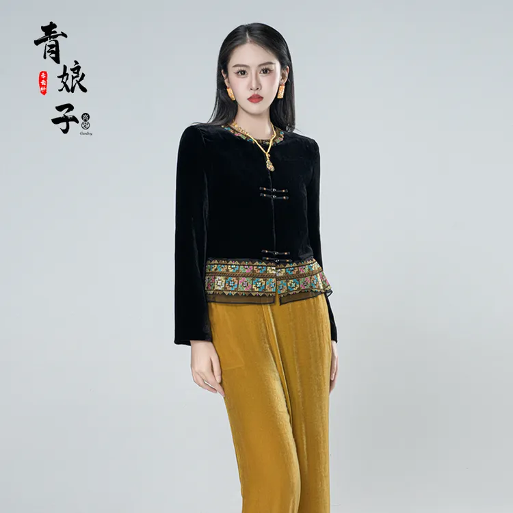 青娘子-（绾柔）秋款丝绒拼接时尚国风新中式百搭上衣61250