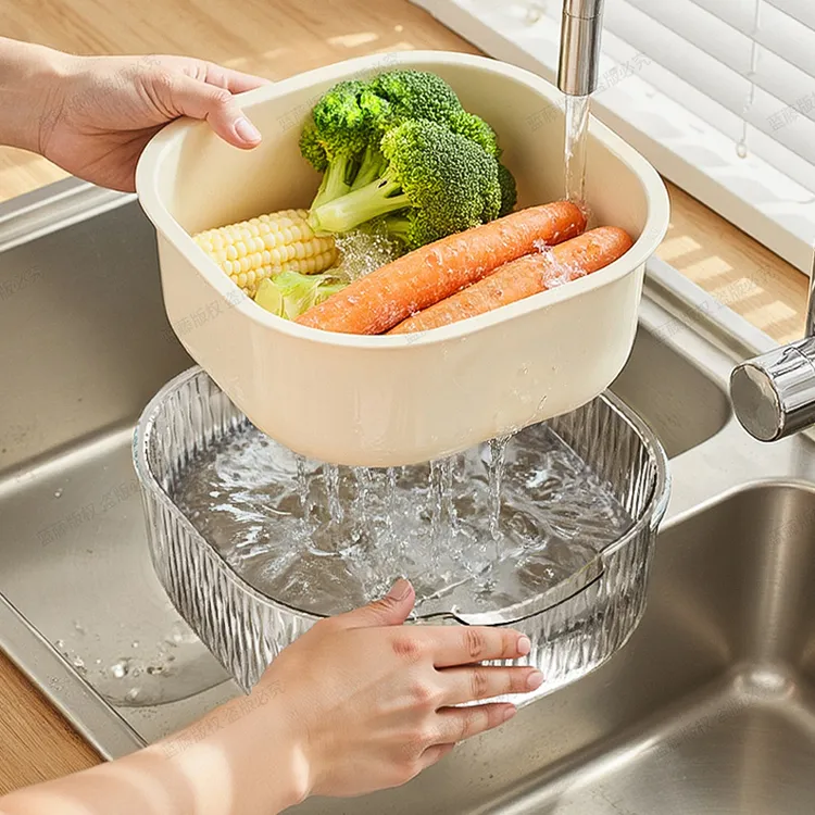 蓝藤双层洗菜盆套装沥水篮厨房家用塑料洗水果盘客厅用新款菜篮子