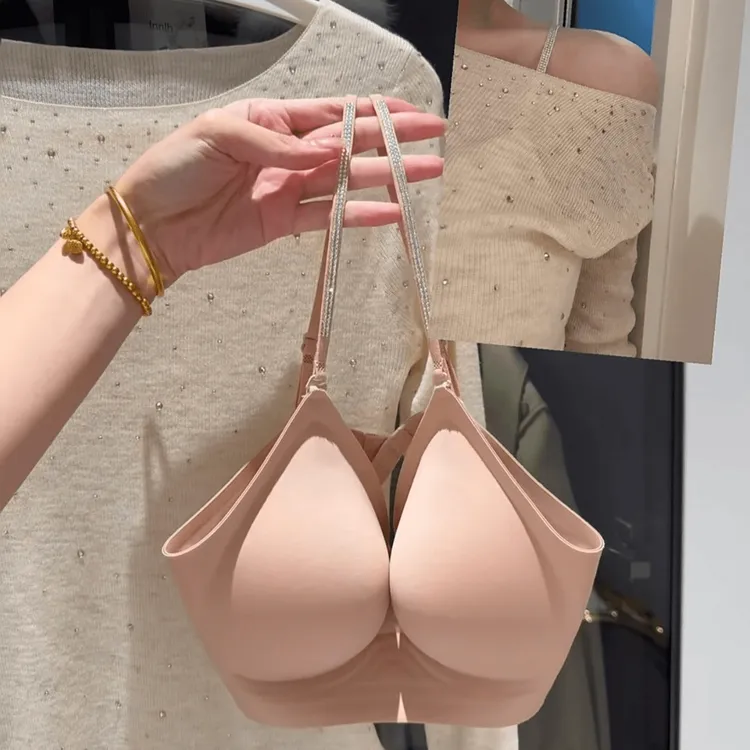 【漫画胸型】闪钻细肩带无痕内衣固定一体杯小胸显胸大腰细外扩文胸