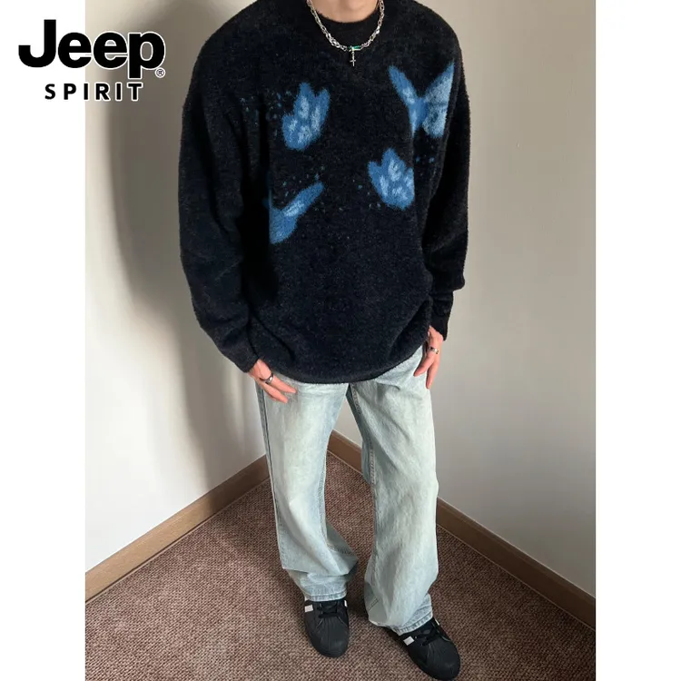 JEEPSPIRIT吉普美式彷貂绒蓝蝴蝶提花圆领毛衣男秋冬季时尚慵懒风