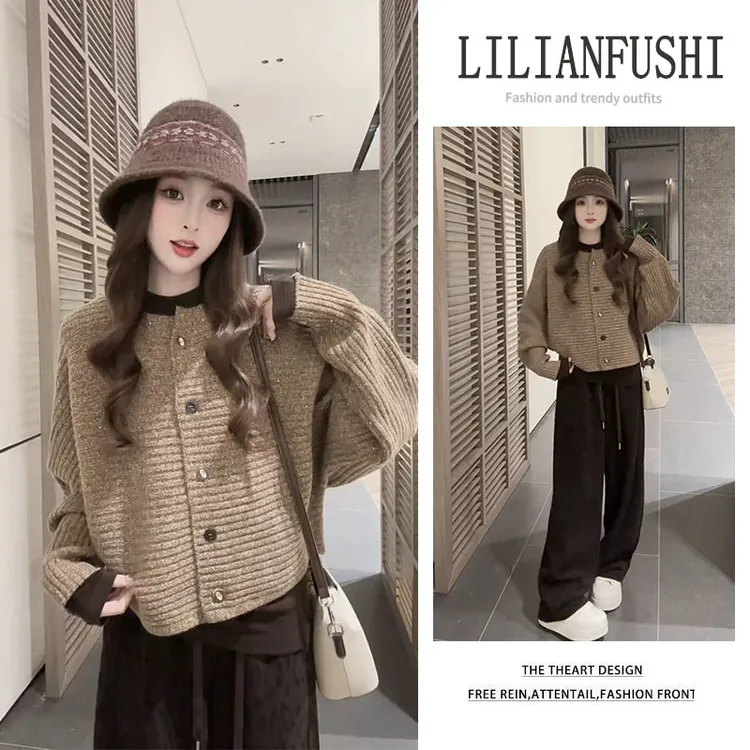 秋冬搭一整套2025新款宽松长袖针织衫修身打底衫显瘦阔腿裤三件套