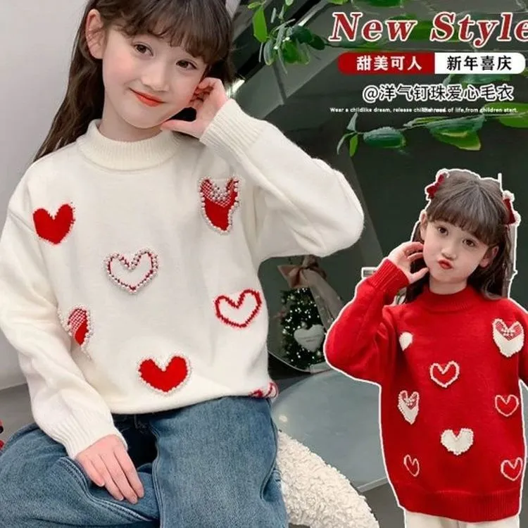 女童毛衣新款加厚一体绒针织衫中大童洋气冬季套头打底衫