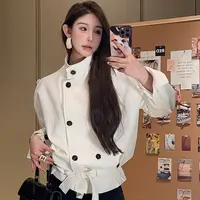 HOUZAI 秋季新款大衣薄款双排立领短款风衣外套女