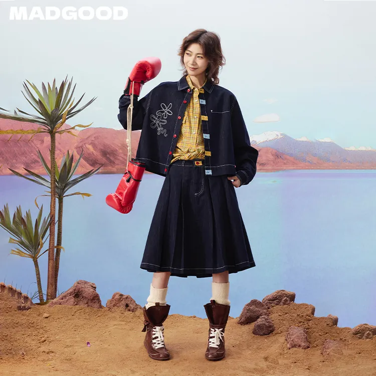 madgood马得工地日系竹节原牛色刺绣小花牛仔短款外套MDGDTZ13801