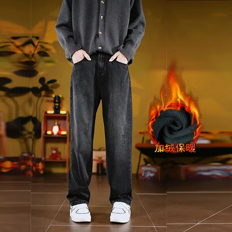 美式高街秋冬加绒牛仔裤男潮流时尚百搭宽松直筒休闲牛仔裤长裤